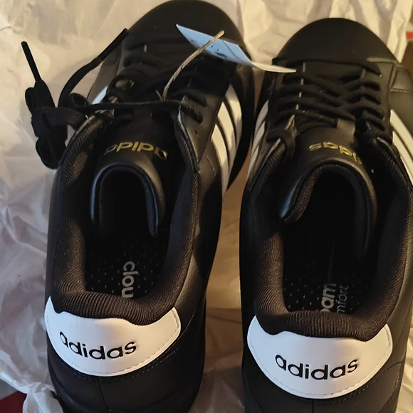 NWT Adidas Men's Black Sneakers with White Stripes - Picture 6 of 8
